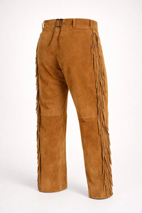 Pantalon en cuir véritable pour homme, coupe droite taille haute, décontracté, avec franges et pompons, style automne - Product Image 4