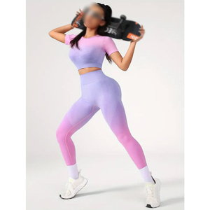 Ensemble de yoga écologique et solide à séchage rapide : Crop top et leggings taille haute, tenue de sport à manches courtes, ensemble coordonné 2 pièces - Product Image 5