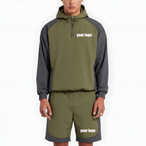 2026 new trendy article 100% cotton mens tracksuit custom printed logo v-neck solid <b>colour</b> streetwear 2 piece <b>set</b> for men's - Product Image 2