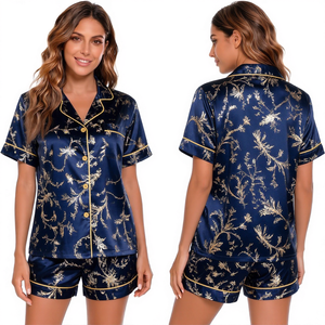 Women's Navy Blue Floral Printed Satin Short Sleeve Pajama <b>Set</b> With Turn-Down Collar And Button Closure Summer Sleepwear - Product Image 1