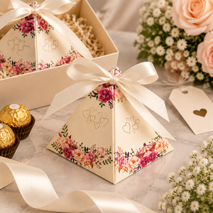 Boîte cadeau pyramidale florale personnalisée avec nœud en ruban, boîte d'emballage de luxe pour dragées de mariage, chocolats et bonbons, emballage cadeau haut de gamme - Product Image 4