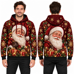 Men's Christmas Hoodie Red Santa Print Knitted Polyester Casual Winter Hooded Sweatshirt with Pocket Design - Product Image 1