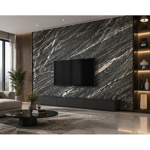 Grande dalle de marbre hydrofroissé noir magnétique en calcite, polie, pour panneau mural contemporain de salon - Product Image 1