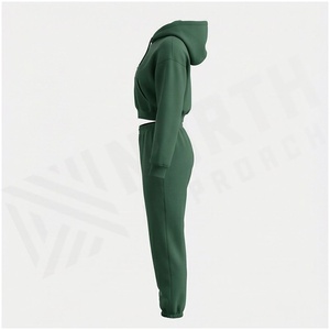 Conjunto Deportivo para Mujer, Sudadera con Capucha y Cremallera Verde, Pantalones Jogger, Color Sólido, Manga Larga, Otoño, 100% Algodón - Product Image 3