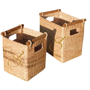 Handwoven Water Hyacinth <b>Basket</b> with Wooden Handles: <b>Rectangular</b> Storage - Product Image 3