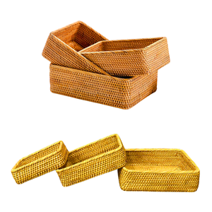 Juego de 3 Cestas/Bandejas Rectangulares de Mimbre RATTAN, Duraderas, Multifuncionales, Solución de Almacenamiento de Mimbre - Product Image 1