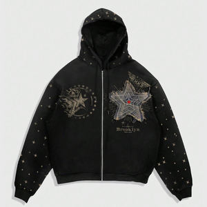 Sudadera con capucha de manga larga con cremallera y hombros caídos, con estampado de estrellas y piedras, personalizada, informal, para hombre, de moda - Product Image 1