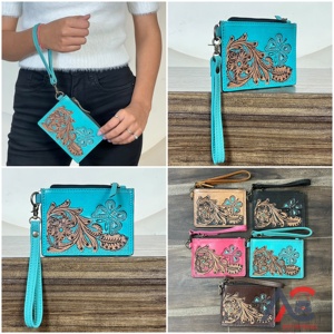 Hand Tooled Genuine Turquoise Leather Mini Wristlet Clutches Stylish Floral & Butterfly Design Coin & <b>Card</b> Holder <b>Women</b> <b>Wallet</b> - Product Image 1