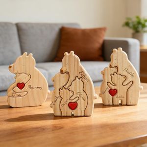 Puzzle en bois Famille d'ours Décoration de Noël Noms gravés Design cœur Décoration de table Décoration de la maison Style moderne Couleur personnalisée - Product Image 4