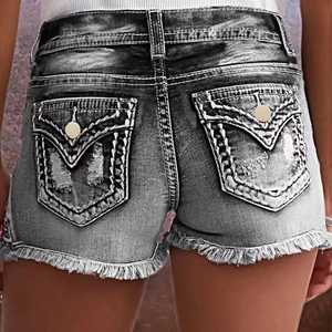 Shorts de Mezclilla Desgastados de Cintura Media para Mujer, con Dobladillo Deshilachado, Cierre con Cordón, Transpirables, 100% Algodón, Estilo Deportivo, Logotipo Personalizado - Product Image 4