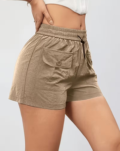 High Waist Drawstring Cargo Shorts Solid Color Elastic Waistband Casual Women's Breathable Polyester Shorts - Product Image 2