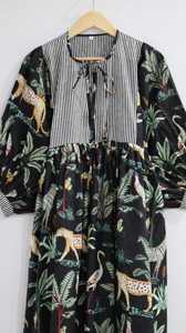 Robe trapèze en coton à imprimé floral écologique pour femme, longueur genou, manches bouffantes, coupe ajustée, style décontracté d'été, collection ethnique boutique - Product Image 6