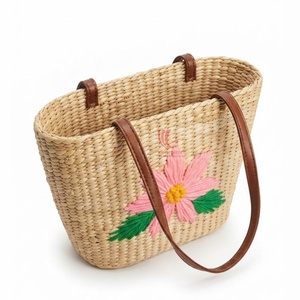 Bolso Tote Personalizado de Jacinto de Agua Tejido con Bordado de Flores Rosas y Asas de Cuero Marrón, Casual, para Playa y Viajes, para Mujer - Product Image 2