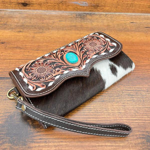 Cartera de pulsera de piel de vaca auténtica para mujer, funda de teléfono de cuero con estampado Floral occidental y tarjetero, monedero con diseño de piel oculta - Product Image 4