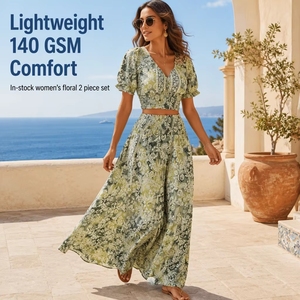 Women Green <b>Floral</b> Print V Neck Crop Top and <b>Long</b> <b>Skirt</b> 2 Piece Set Ruched Casual Outfit - Product Image 4