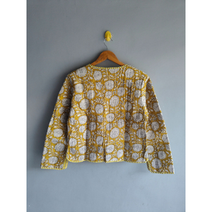 เสื้อแจ็คเก็ตผ้าฝ้ายพิมพ์ลายบล็อกสีเหลืองสำหรับผู้หญิง แบบสองด้าน ลายดอกไม้ ติดกระดุม สวมใส่สบาย เหมาะเป็นของขวัญสำหรับเธอ - Product Image 6