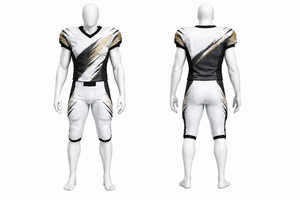 Uniforme de Fútbol Americano Personalizado, Jersey Sublimado Negro, Blanco y Dorado, Pantalones Acolchados, Ropa Deportiva Profesional, Kit Transpirable - Product Image 1