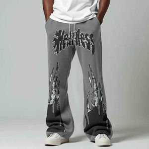 Jean évasé en denim ample tendance pour homme, style streetwear décontracté, avec imprimé graffiti, respirant, séchage rapide, 100 % polyester - Product Image 6