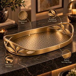 Elegante Bandeja de Servir Ovalada Dorada |   Plato de Metal Martillado con Asas de Hojas Botánicas para Aperitivos, Postres, Mesa de Comedor, Decoración del Hogar - Product Image 3