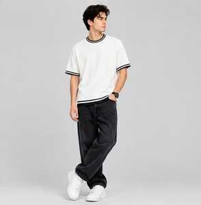 Men's <b>White</b> Short Sleeve T-Shirt Regular Fit O-Neck Contrast Trim Casual Cotton Jersey <b>Top</b> Solid Color Knitted Fabric - Product Image 5