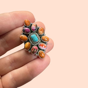 Pink Dahlia Turquoise Ring 925 Sterling Silver Boho Ring with Orange Spiny Oval Stone for Wedding or Gift - Product Image 1