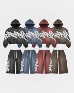 Conjunto Deportivo Vintage Lavado de Talla Grande para Hombre, Tendencia 2026 |   Sudadera con capucha y cremallera con efecto desgastado y pantalones deportivos de pierna ancha estilo streetwear - Product Image 1