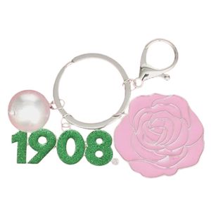 Llavero y Clip para Bolso con Flor Rosa y Verde 1908, Accesorio Decorativo de Moda para Mujer, Regalo para Bolso de Mano, Viajes y Uso Diario - Product Image 1