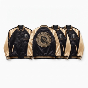 Wholesale Satin Varsity Jacket Brown Cream Sugar Shack Cabin Embroidered Letterman <b>Coat</b> Snap Button Outerwear Direct Factory - Product Image 3