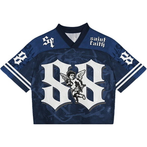T-shirt court en maille Saint Faith pour femme, manches courtes, coupe classique, respirant, style streetwear, col rabattu, imprimé lettres bleues - Product Image 2