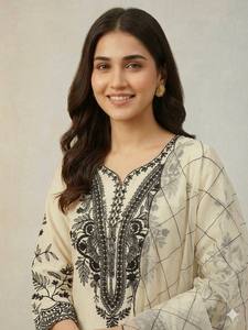 Robe traditionnelle indienne pakistanaise en coton pour femmes, longueur cheville, avec broderie crème, tenue décontractée, coupe classique - Product Image 2