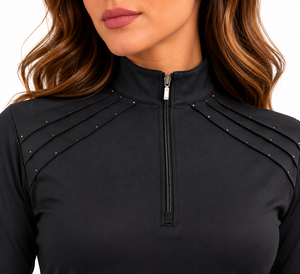 Camisa de competición ecuestre negra para mujer, manga larga, con cremallera de un cuarto, cuello alto y detalle de pedrería en el hombro - Product Image 4