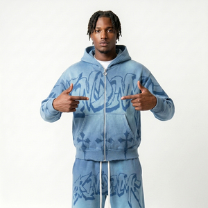 Men's Blue <b>Tie</b>-<b>Dye</b> Streetwear Tracksuit Hoodie & Sweatpants <b>Set</b> Full Zipper Loose Fit Printed Cross Pattern 100% Cotton Suite - Product Image 6