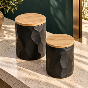 Two Piece Black Faceted Ceramic <b>Canister</b> <b>Set</b> with Natural Wooden Lids | Modern Geometric Kitchen Pantry Storage Jar Organizer - Product Image 2