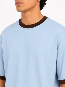 Mens Light <b>Blue</b> Oversized Knitted Pattern Contrast Rib Crew Neck Half Sleeve <b>T</b> Shirt Brown Trim Casual Streetwear Summer Top - Product Image 4