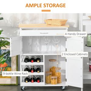 Carrello da Cucina Moderno Bianco con Isola, Cassetti Contenitori, Portabottiglie da 9 Posti, Armadietti con Ante e Piano in Legno di Pino, Isola da Cucina Mobile con Ruote - Product Image 4