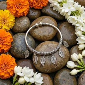 DIVYORO Women's Ethnic Oxidized <b>Silver</b> Plated Brass Single Leaf <b>Charm</b> KADA Bangle - Product Image 2