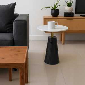 Modern Mood Modern Round <b>Marble</b> Top Coffee <b>Table</b> With Black Ribbed Base And Brass Stem For Living Room Furniture - Product Image 3