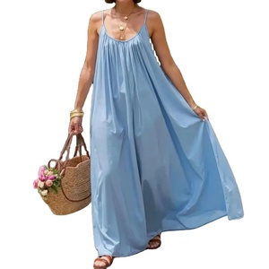 Maxi Dress Spaghetti Strap Floral Solid Pattern Breathable Woven Handmade 100% Cotton Ocean Breeze Kaftan Loose One Size/XS - Product Image 1