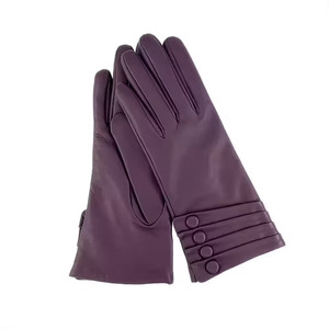 Purple Leather Wrist Length Gloves With Button Detail Plain Style Casual Wear Winter Warmth - Product Image 5
