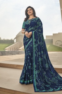 Sari indien en georgette pour femme, avec dentelle, pour usage quotidien, décontracté, traditionnel, pour festivals, mariages, fêtes, haute qualité, imprimé numériquement - Product Image 2