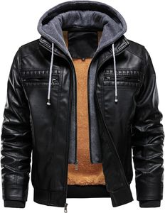 <b>Men</b> Black PU <b>Leather</b> Moto Biker <b>Jacket</b> Hooded Zipper Front Solid Color Winter Slim Fit Regular Sleeve Windproof - Product Image 5