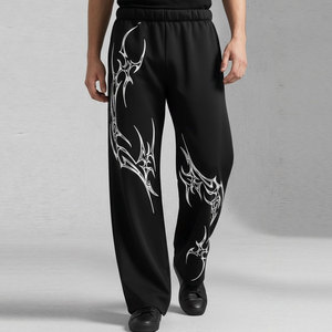 Pantalon de jogging noir pour homme, coupe droite, taille élastique, style décontracté urbain vintage, mi-long, en tissu peigné, pour l'automne - Product Image 1