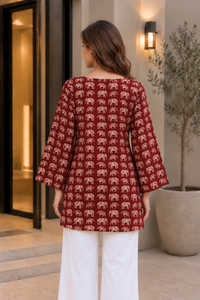 Kurti en rayonne à imprimé éléphant vintage, col rond, coupe ample, tissé, bordeaux, pour l'été, tenue décontractée ou de bureau - Product Image 2