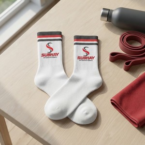 Subhay International Logo Crew <b>Socks</b> <b>Blue</b> Orange Geometric Pattern Unisex Adult - Product Image 6