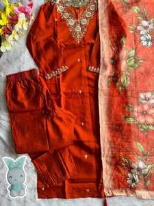 Orange Floral Embroidered Indian Pakistani Clothing Set Long Top Palazzo Pants <b>Shawl</b> for Party <b>Wedding</b> - Product Image 4