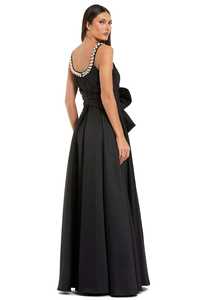 Robe de soirée élégante sans manches en satin, coupe fourreau trapèze longue, avec encolure perlée et détail nœud à fente avant, antistatique - Product Image 3