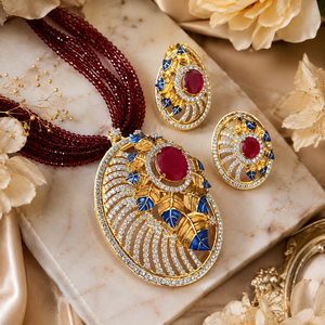 Conjunto de Collar y Pendientes de Lujo Clásico de Latón con Rodio y Circones, Borla Meenakari Roja y Azul, Regalo para Novia, Compromiso, Boda, Fiesta - Product Image 3