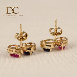 ต่างหูเพชรเพาะเลี้ยงทองคำแท้ 14KT สีเหลือง พร้อมทัวร์มาลีนสีชมพูและไพลินสีน้ำเงินเข้ม เครื่องประดับ IGI คุณภาพสูงสำหรับผู้หญิง - Product Image 5