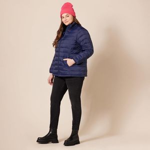 Women's Navy Quilted Jacket Stand Collar <b>Full</b> Sleeve Zipper Closure Solid Color Winter Puffer <b>Coat</b> Regular <b>Length</b> - Product Image 3
