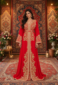 Caftán marroquí largo de terciopelo color ciruela con bordado a mano en rojo rubí de Mishkat Couture para mujeres musulmanas europeas, elegante. - Product Image 5